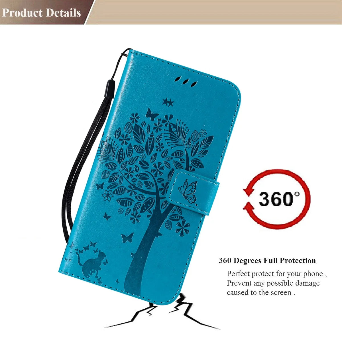 Tree Engraved Leather Wallet Magnetic Cover Book Case