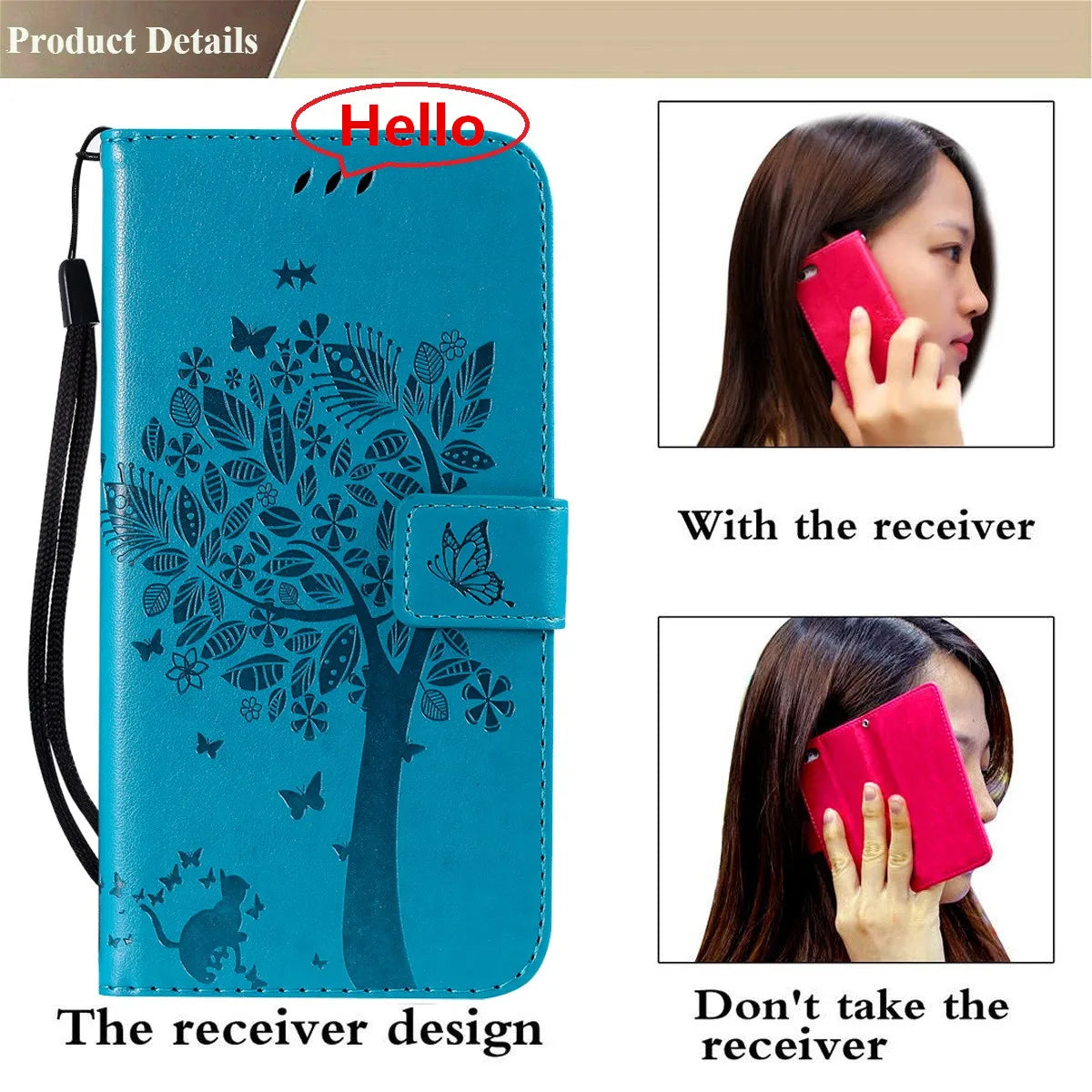 Tree Engraved Leather Wallet Magnetic Cover Book Case