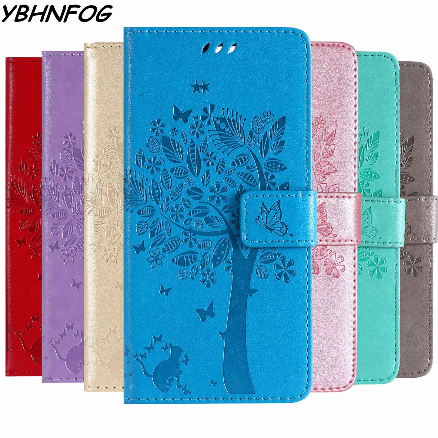 Tree Engraved Leather Wallet Magnetic Cover Book Case