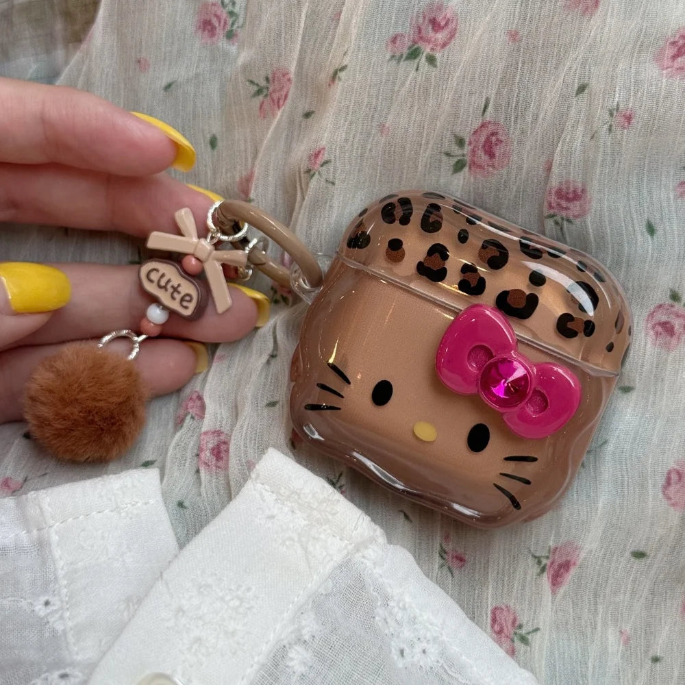 3D Bow Leopard Print KT Cat Case for AirPods