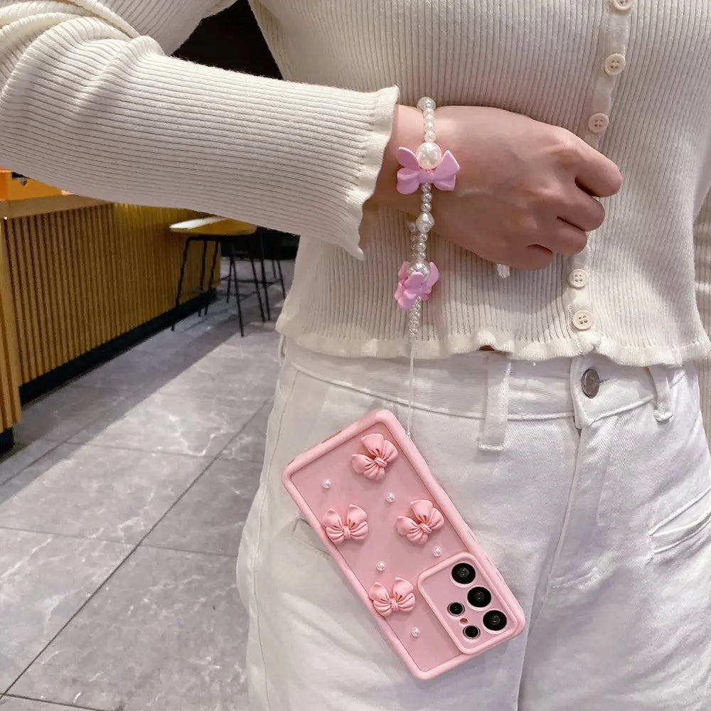 3D Pearl Pink Bow Lanyard Phone Case For Samsung