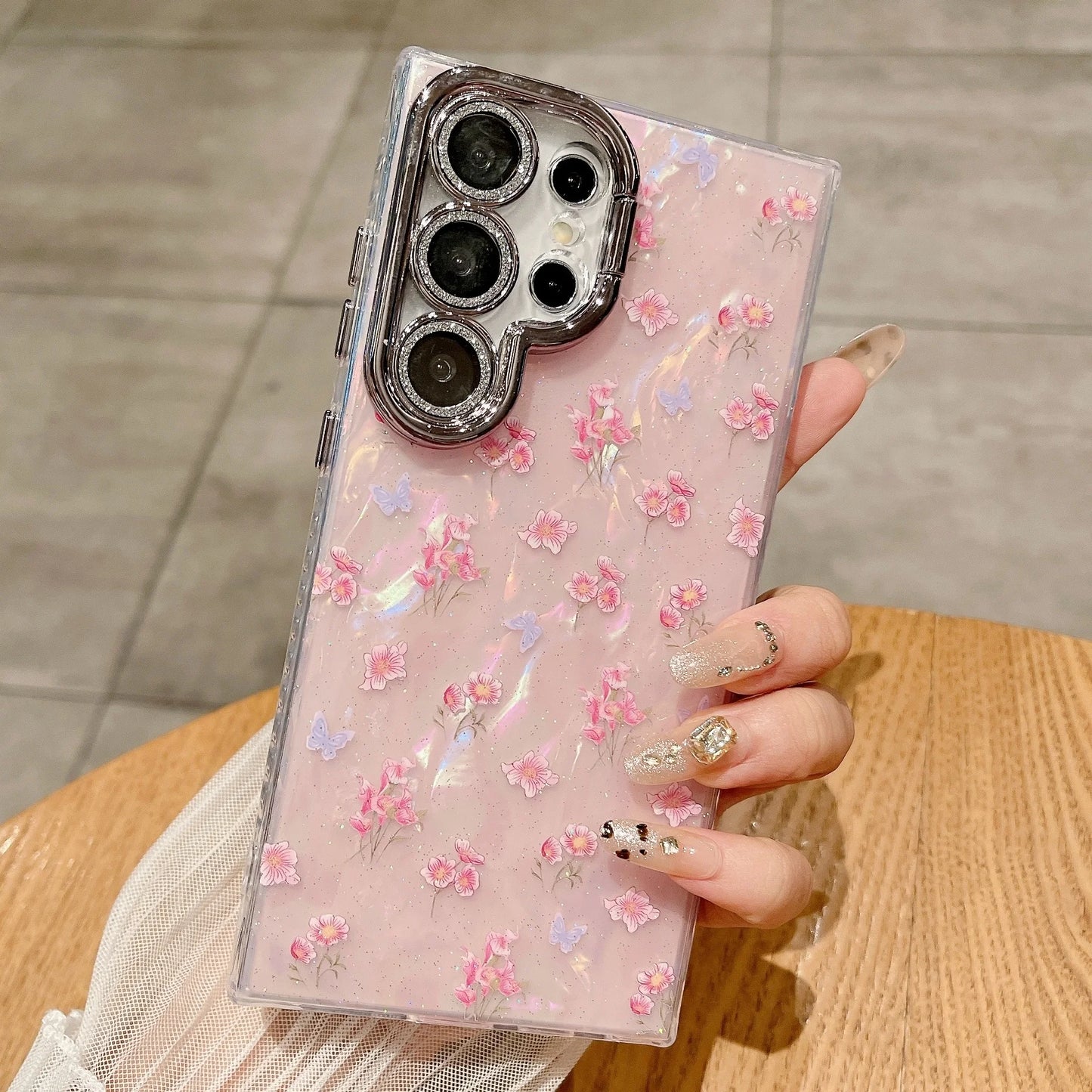 Glitter Flower Heart Mirror Wrist Strap Case for Samsung