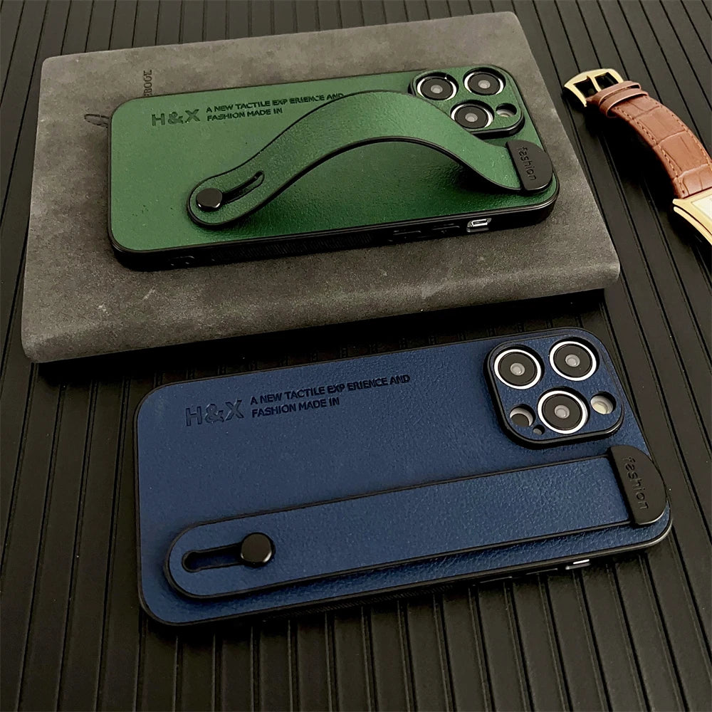 Luxury Sheepskin Leather Texture Wrist Strap Holder Case For iPhone