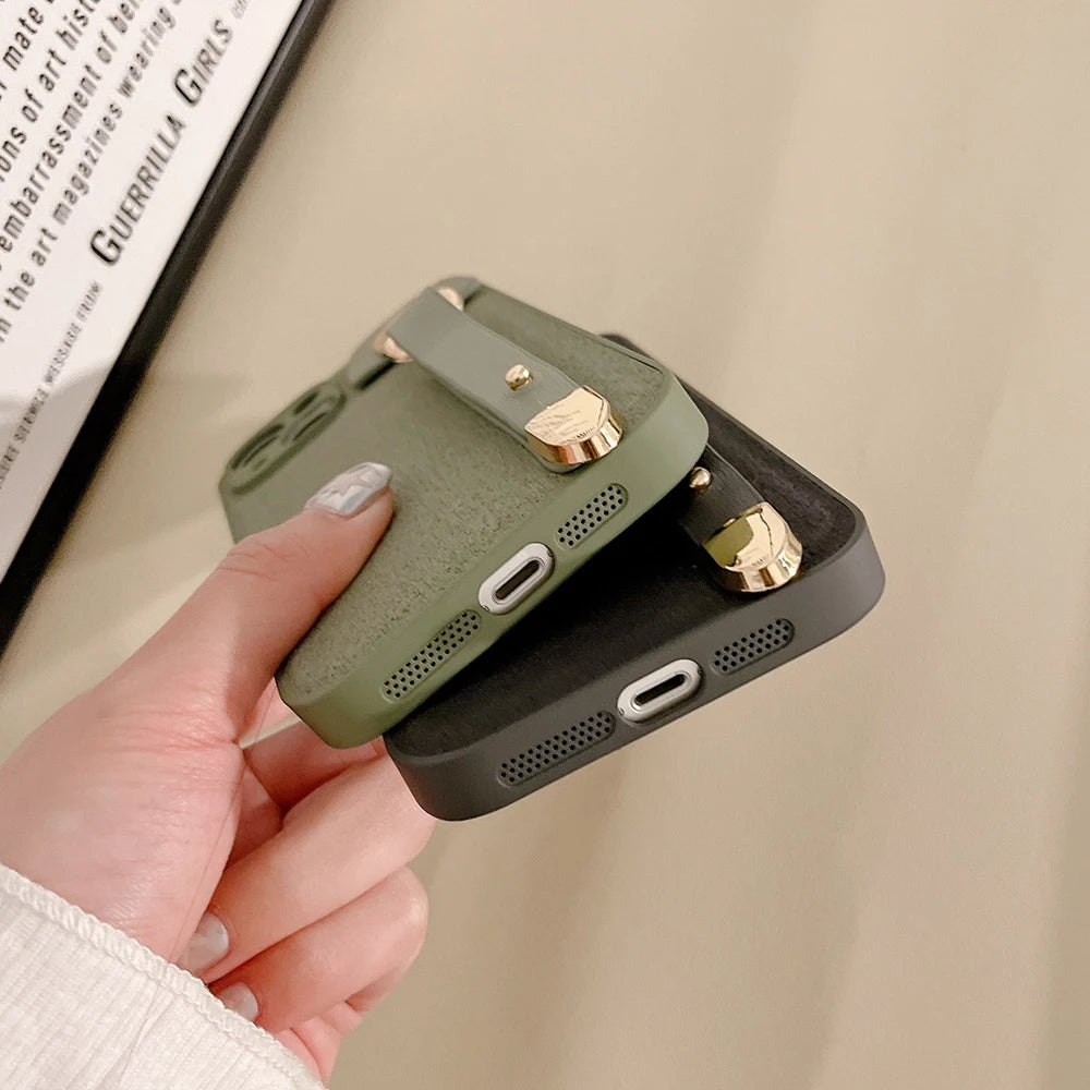Vintage leather wrist strap phone case for iphone