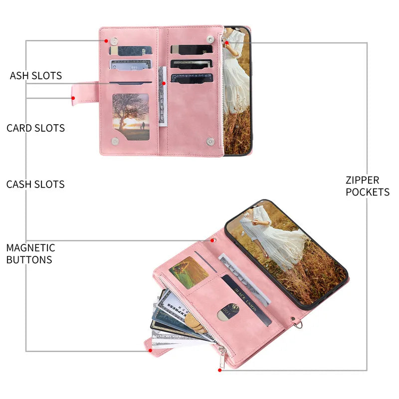 Zipper Leather Wallet Case with Lanyard for Samsung Galaxy