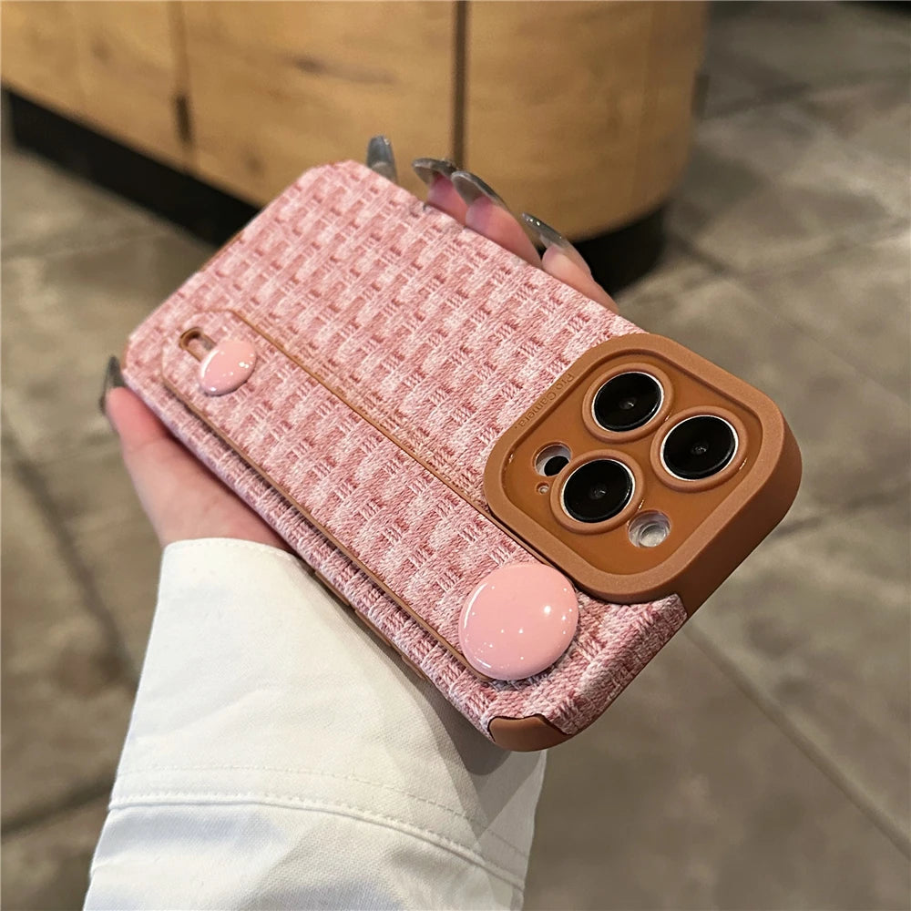 Weave Pattern Wrist Strap Holder Stand Case For iPhone