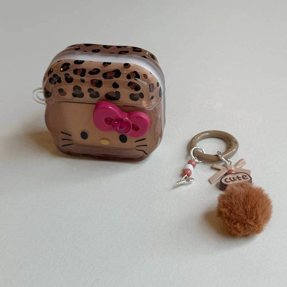 3D Bow Leopard Print KT Cat Case for AirPods