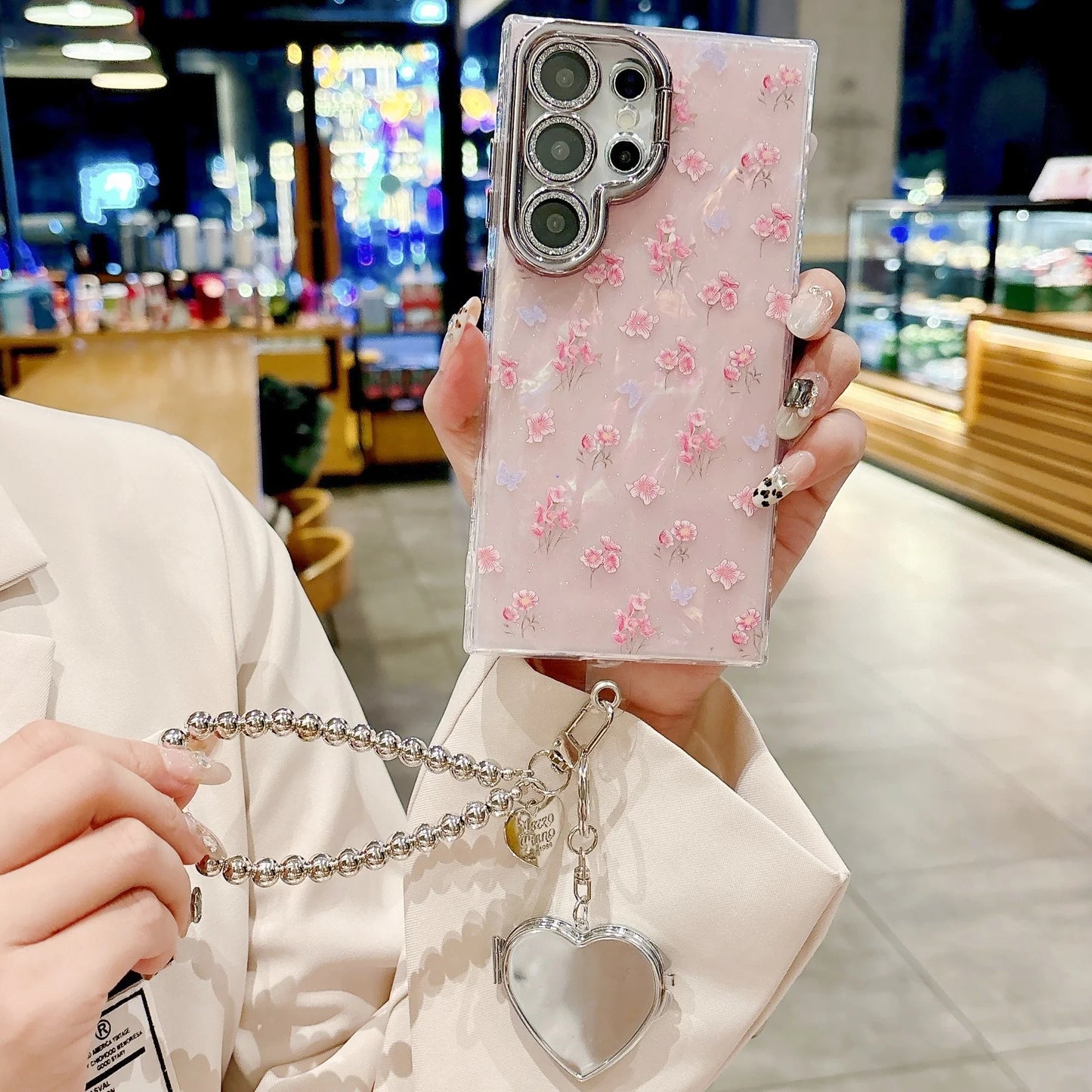 Glitter Flower Heart Mirror Wrist Strap Case for Samsung