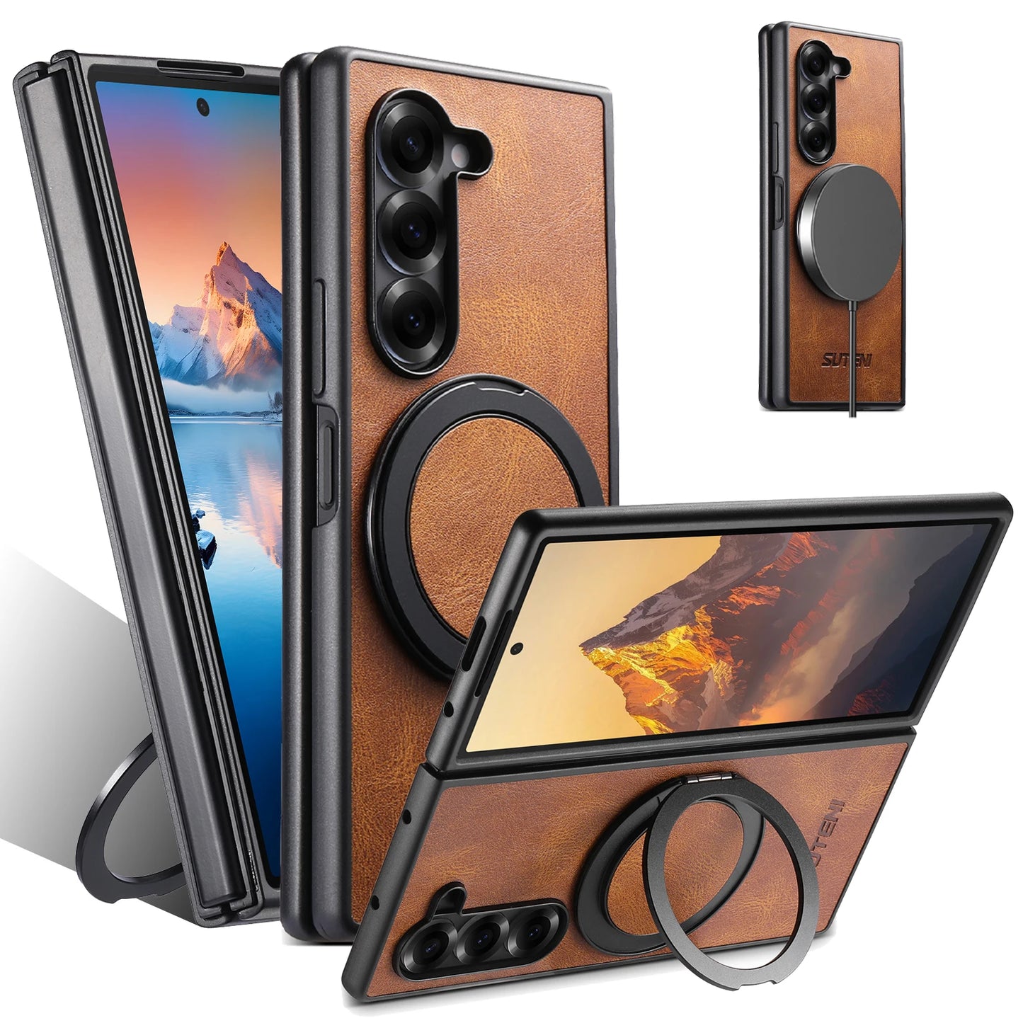 Oil Wax Faux Leather 360° Rotating Stand Buckle For Samsung Galaxy Z Fold