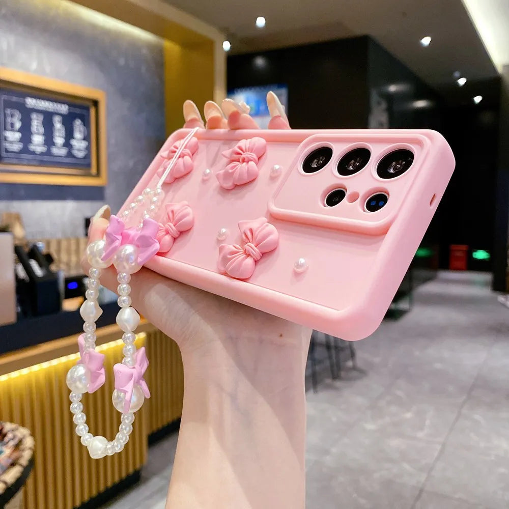 3D Pearl Pink Bow Lanyard Phone Case For Samsung
