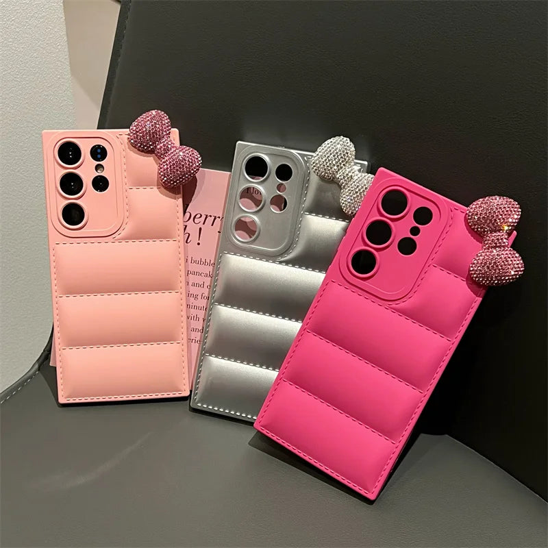 Diamond Kitty Bowknot Soft Down Jacket Phone Case For Samsung