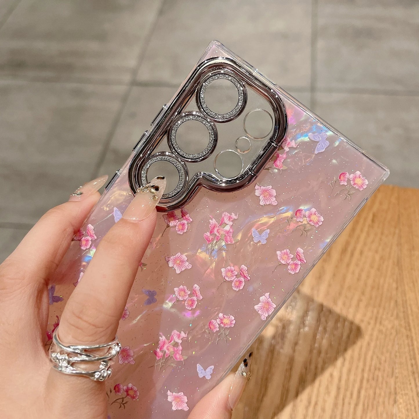 Glitter Flower Heart Mirror Wrist Strap Case for Samsung
