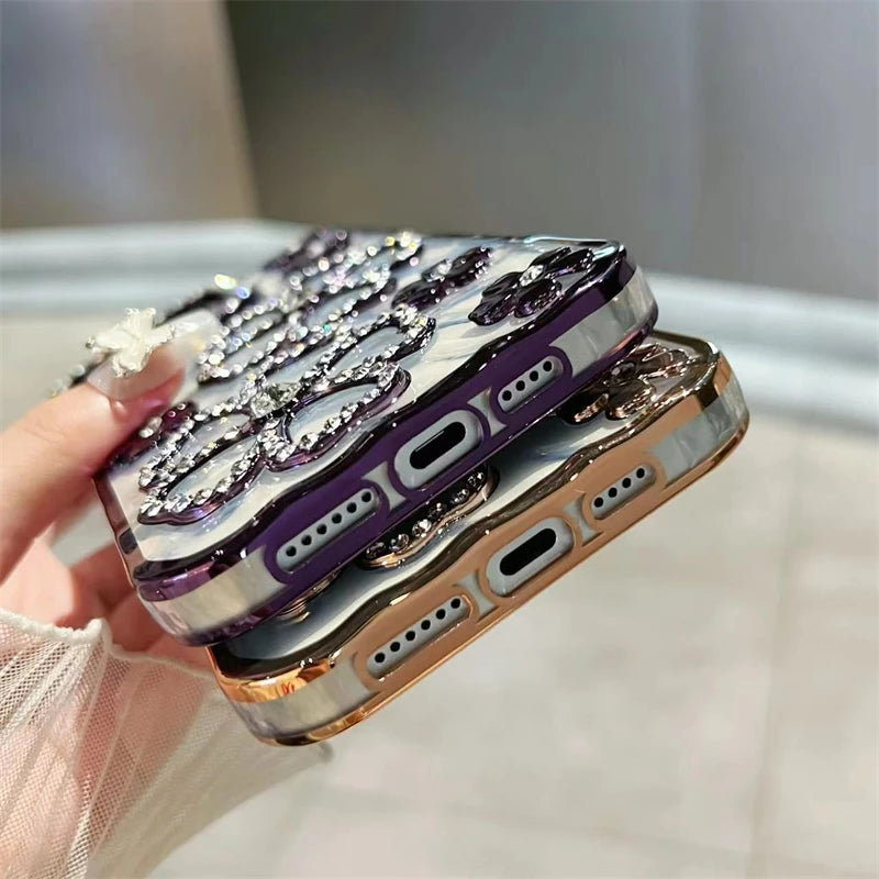 Flowers Flash Diamond Plating Frame Phone Case For iPhone