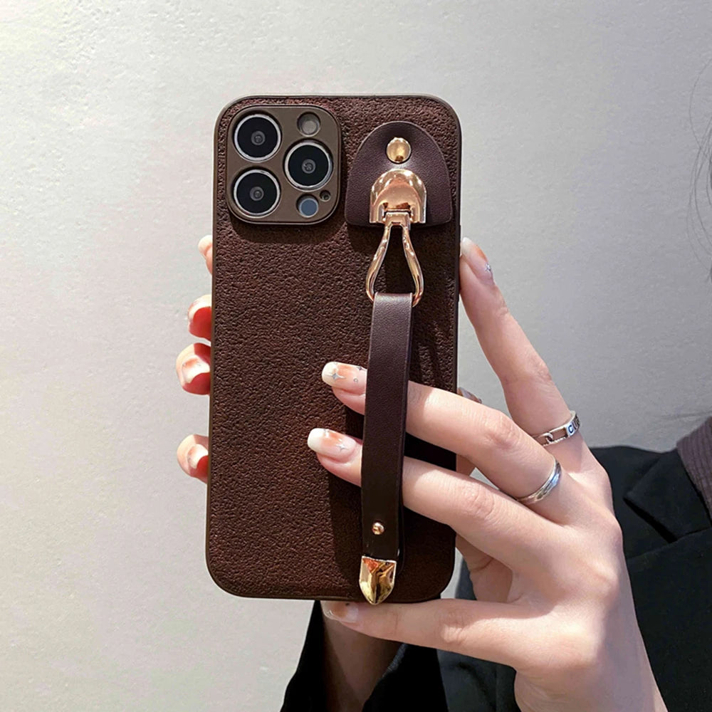Vintage leather wrist strap phone case for iphone