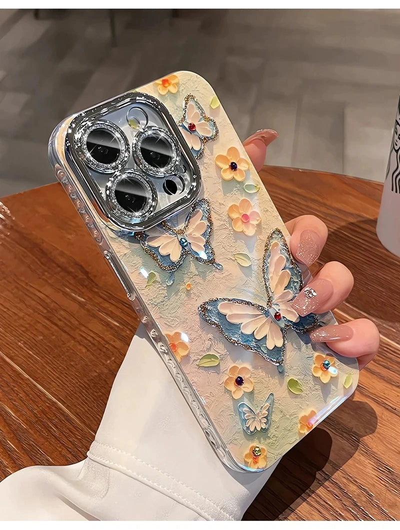 Luxury Butterfly Flowers Laser Glitter Phone Case For iPhone
