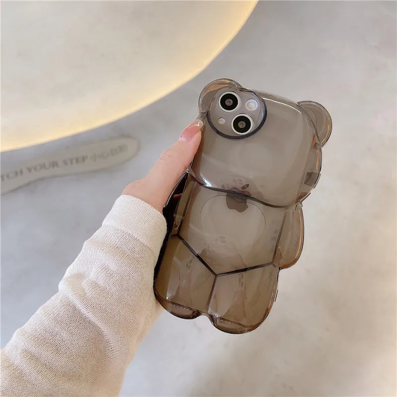 Cartoon 3D Bear Shape Clear Case For iPhone