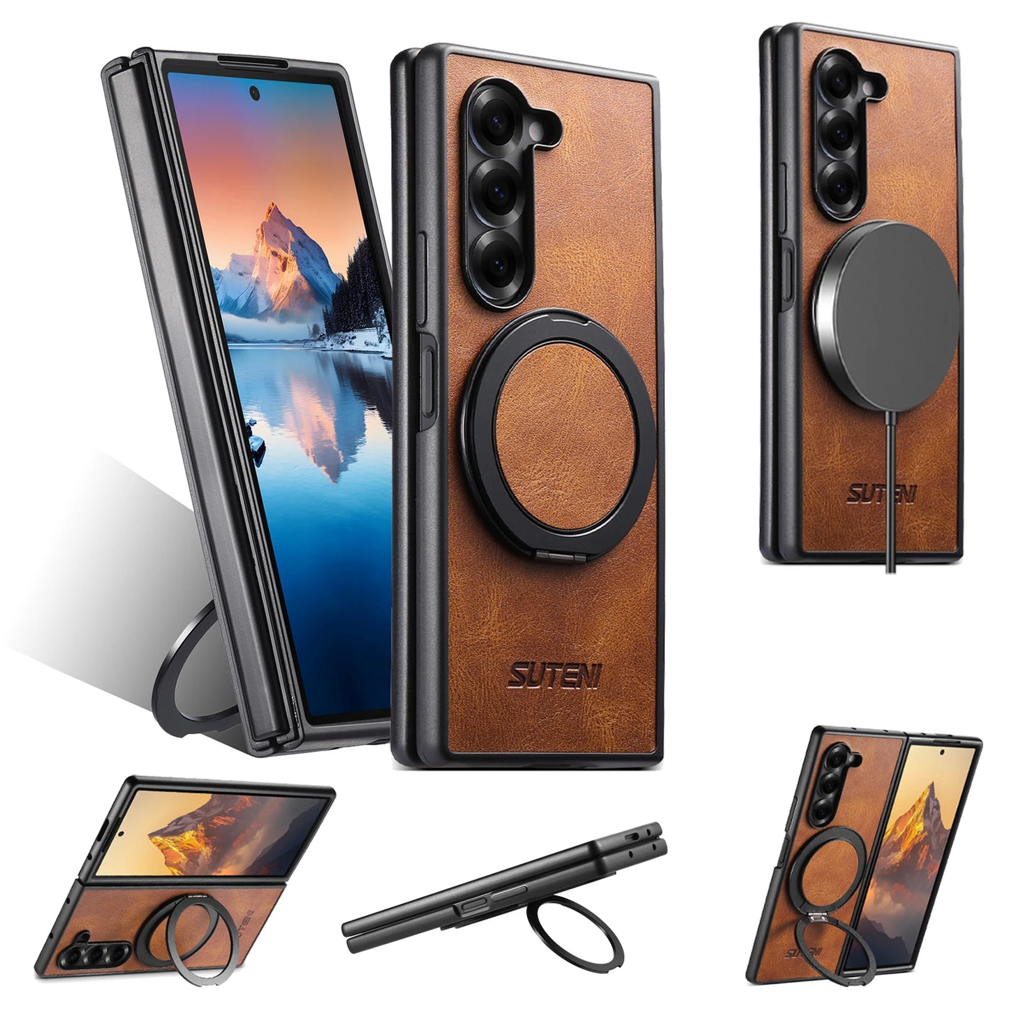 Oil Wax Faux Leather 360° Rotating Stand Buckle For Samsung Galaxy Z Fold