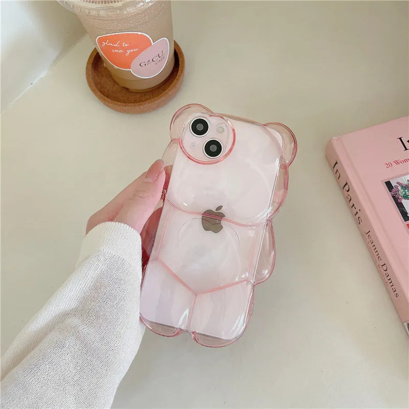 Cartoon 3D Bear Shape Clear Case For iPhone