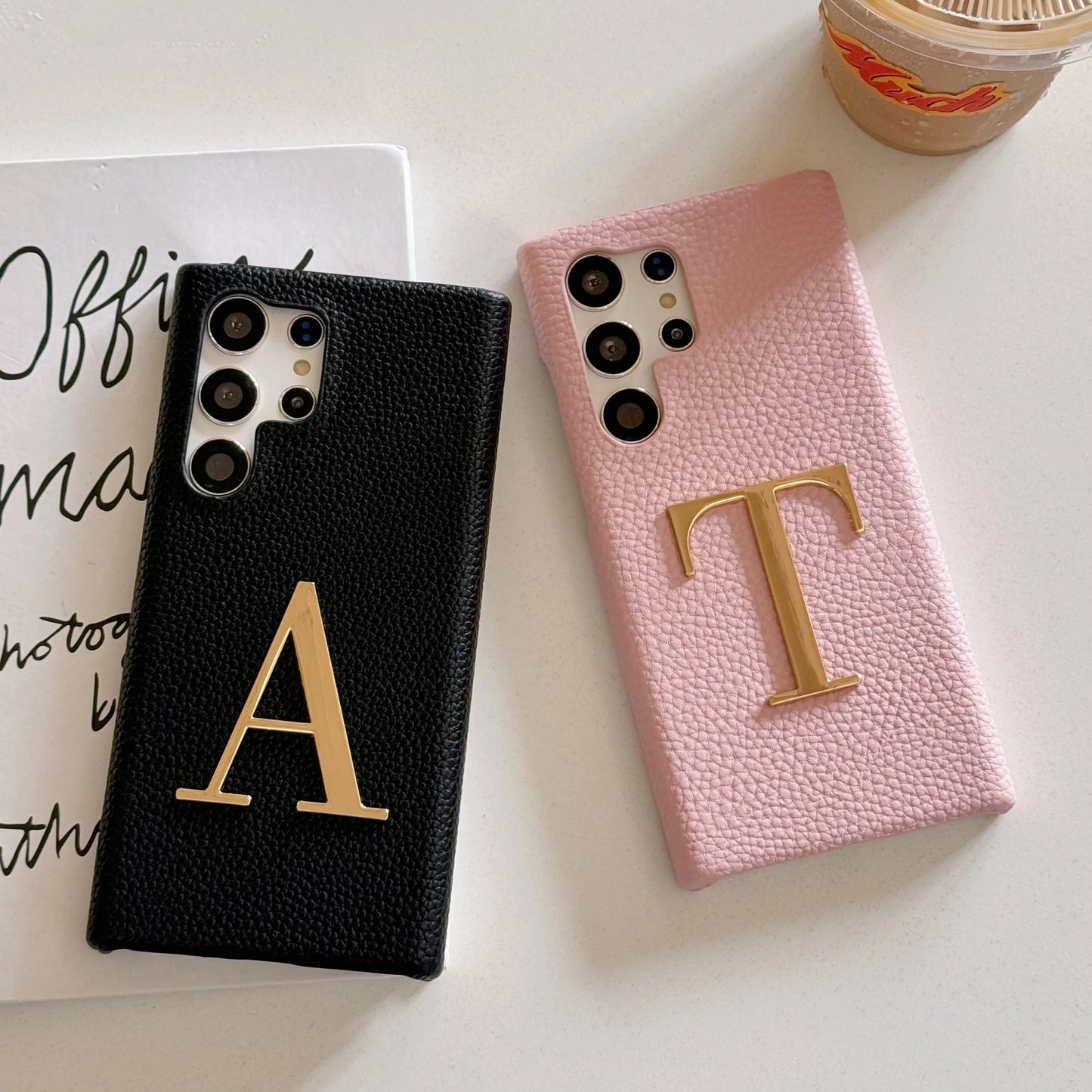Personalized Initial Gold Letters Leather Phone Case For Samsung