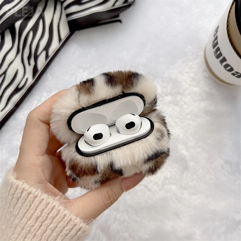 Fashion Fluffy Soft Plush Leopard Earphone Case For Apple AirPods