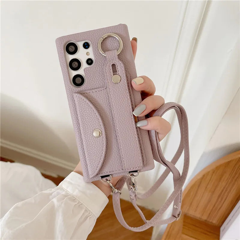 Crossbody Leather Wallet Card Ring Holder with Strap