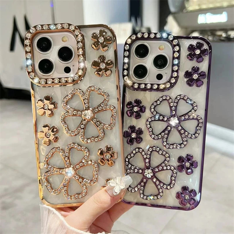 Flowers Flash Diamond Plating Frame Phone Case For iPhone