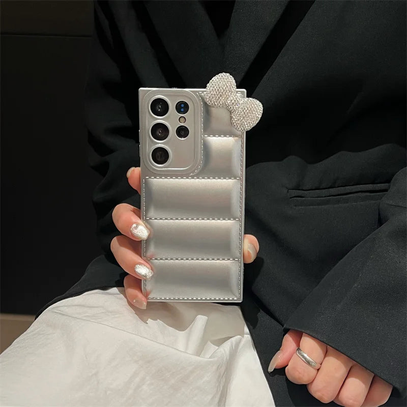 Diamond Kitty Bowknot Soft Down Jacket Phone Case For Samsung