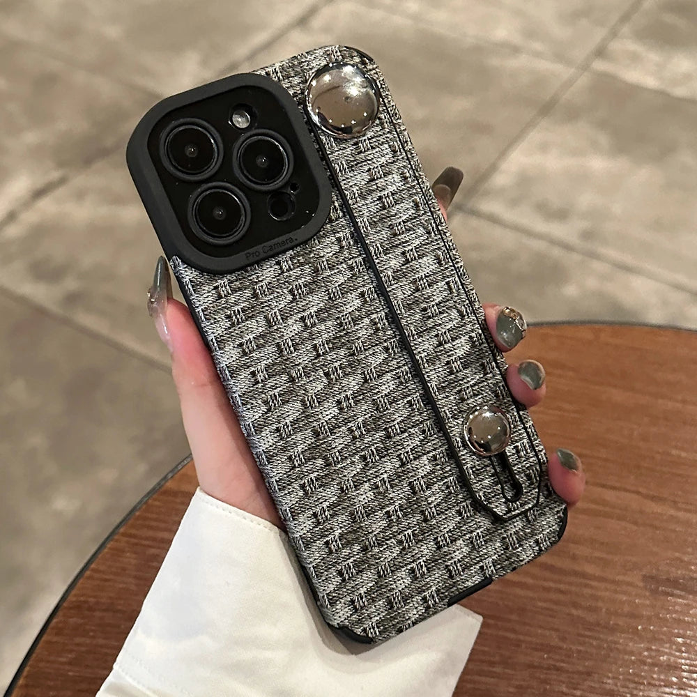 Weave Pattern Wrist Strap Holder Stand Case For iPhone
