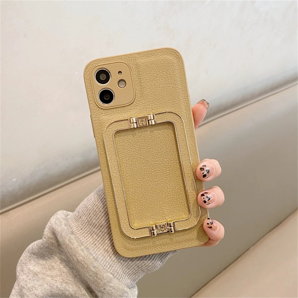 Luxury Leather Metal Fold Stand Bracket Holder Case For iPhone