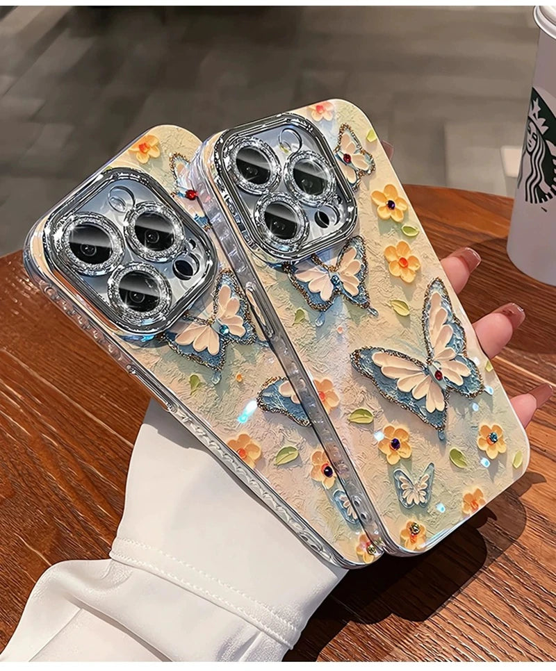 Luxury Butterfly Flowers Laser Glitter Phone Case For iPhone