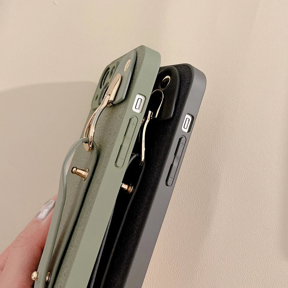 Vintage leather wrist strap phone case for iphone