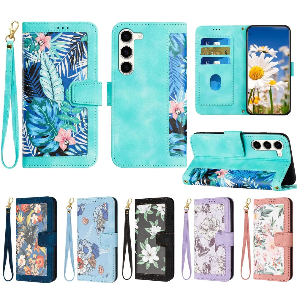 Floral Wallet Galaxy Phone Case with Lanyard