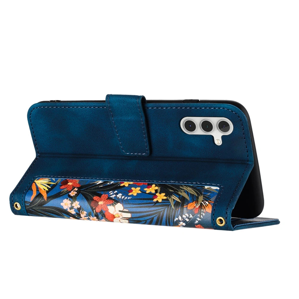 Floral Wallet Galaxy Phone Case with Lanyard
