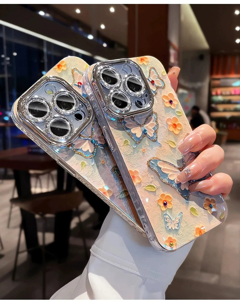 Luxury Butterfly Flowers Laser Glitter Phone Case For iPhone