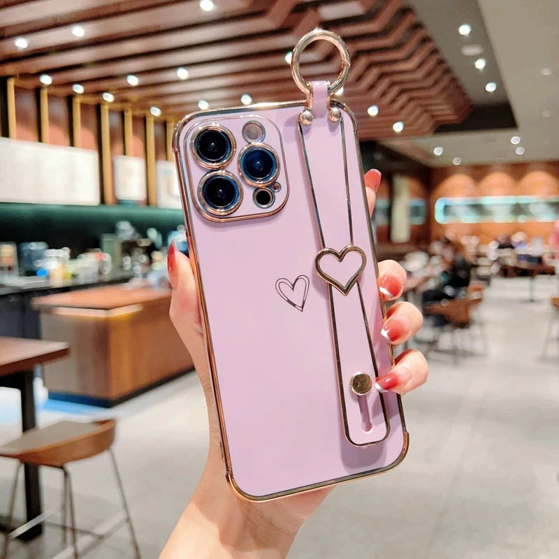 Plating Wrist Strap Holder Love Heart Phone Case For iPhone