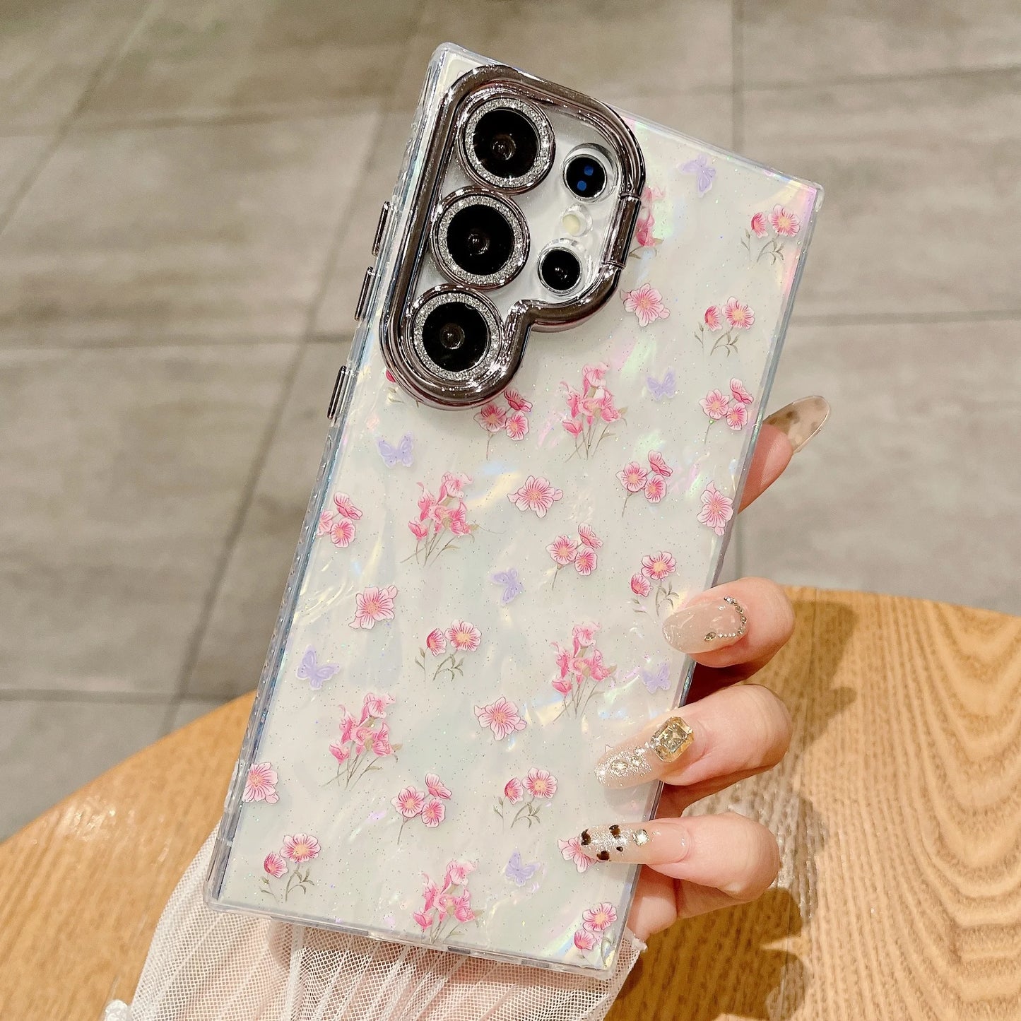 Glitter Flower Heart Mirror Wrist Strap Case for Samsung