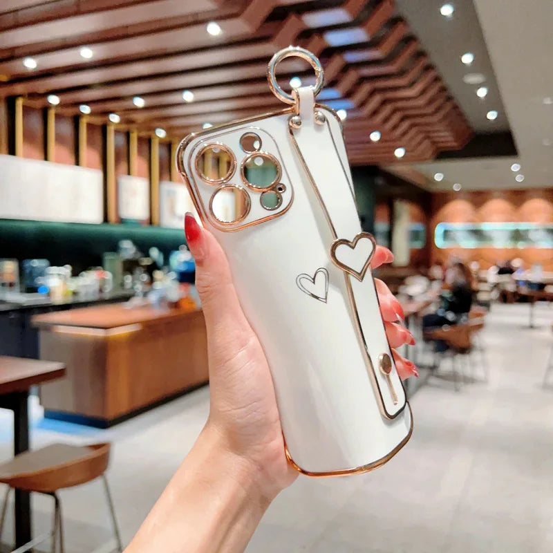 Plating Wrist Strap Holder Love Heart Phone Case For iPhone