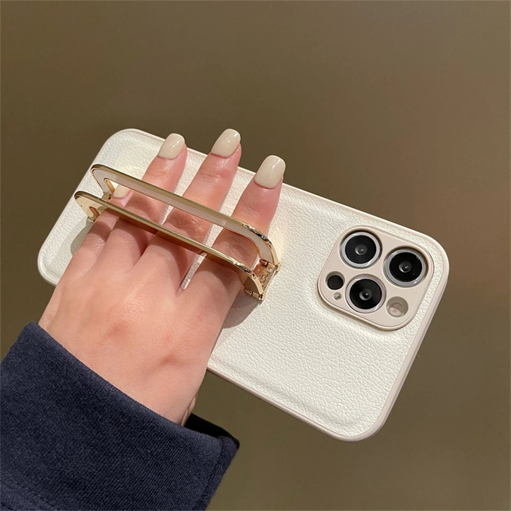 Luxury Leather Metal Fold Stand Bracket Holder Case For iPhone