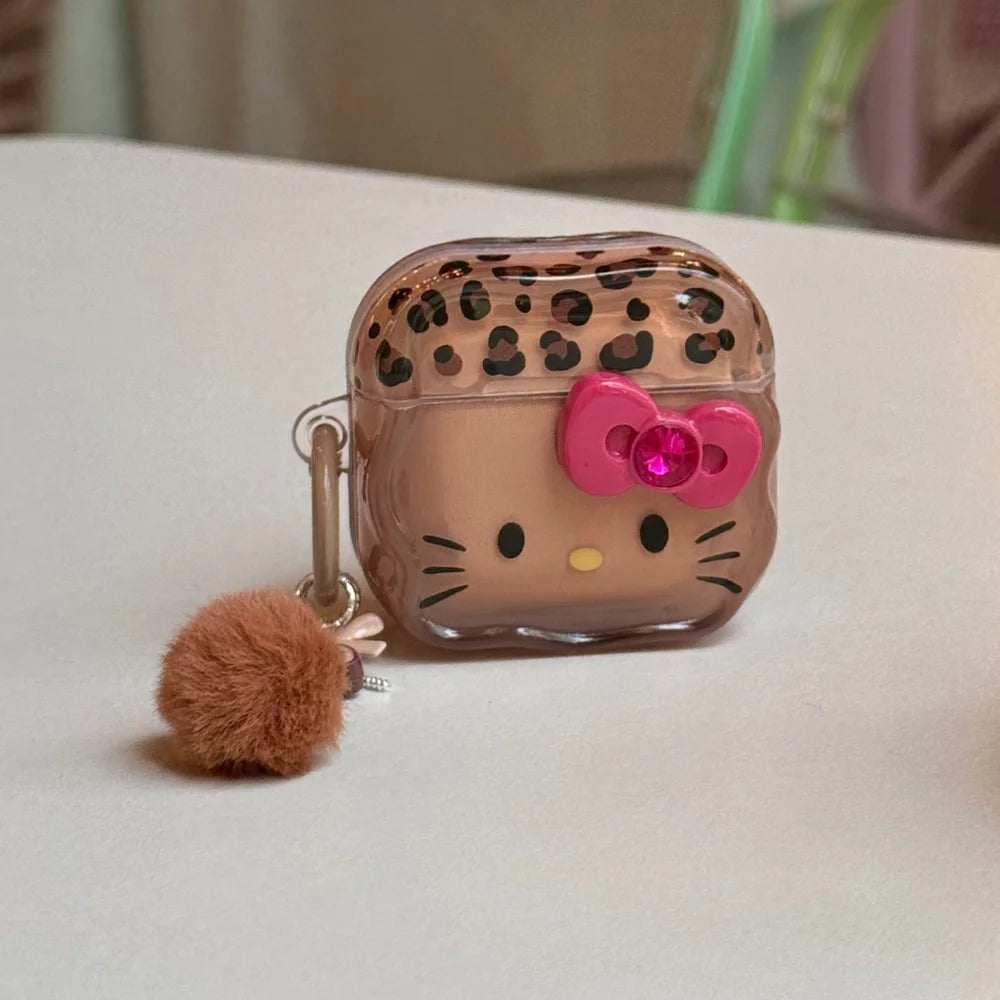 3D Bow Leopard Print KT Cat Case for AirPods
