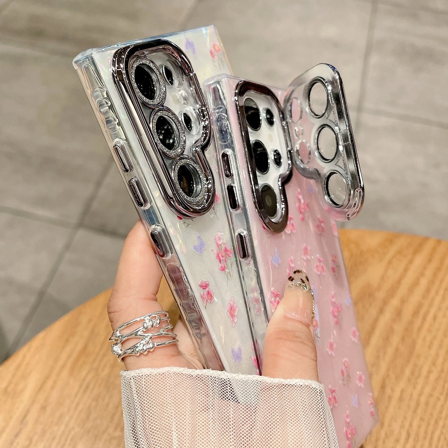 Glitter Flower Heart Mirror Wrist Strap Case for Samsung