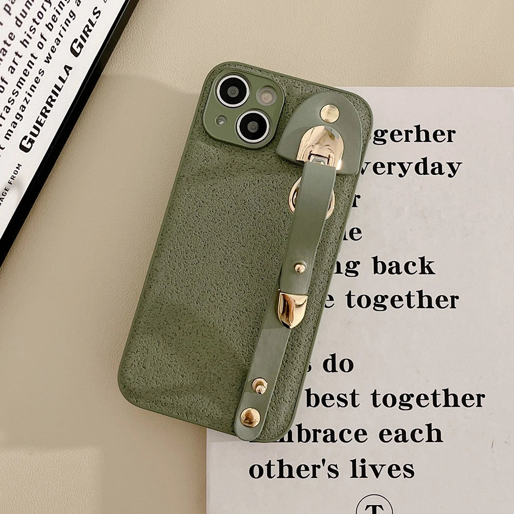 Vintage leather wrist strap phone case for iphone