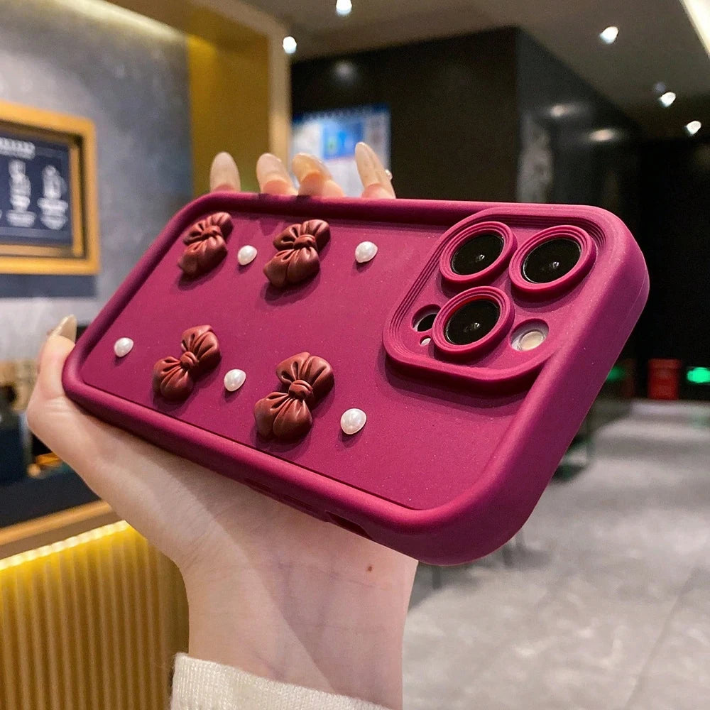 3D Bowknot Pearl Silicone Phone Case For iPhone