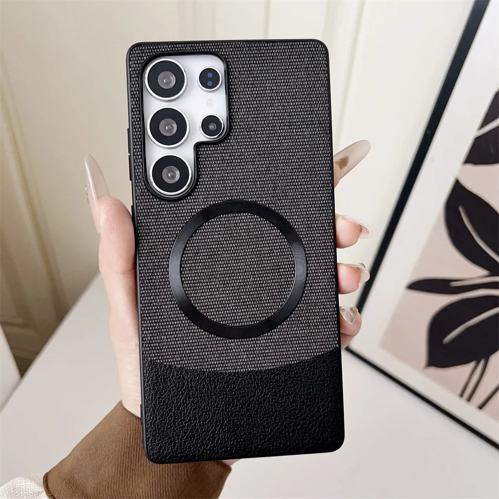 Luxury Patchwork Leather Magnetic Phone Case For Samsung