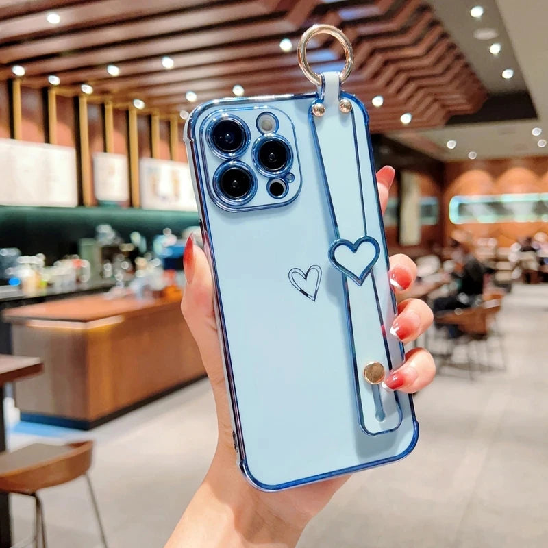 Plating Wrist Strap Holder Love Heart Phone Case For iPhone