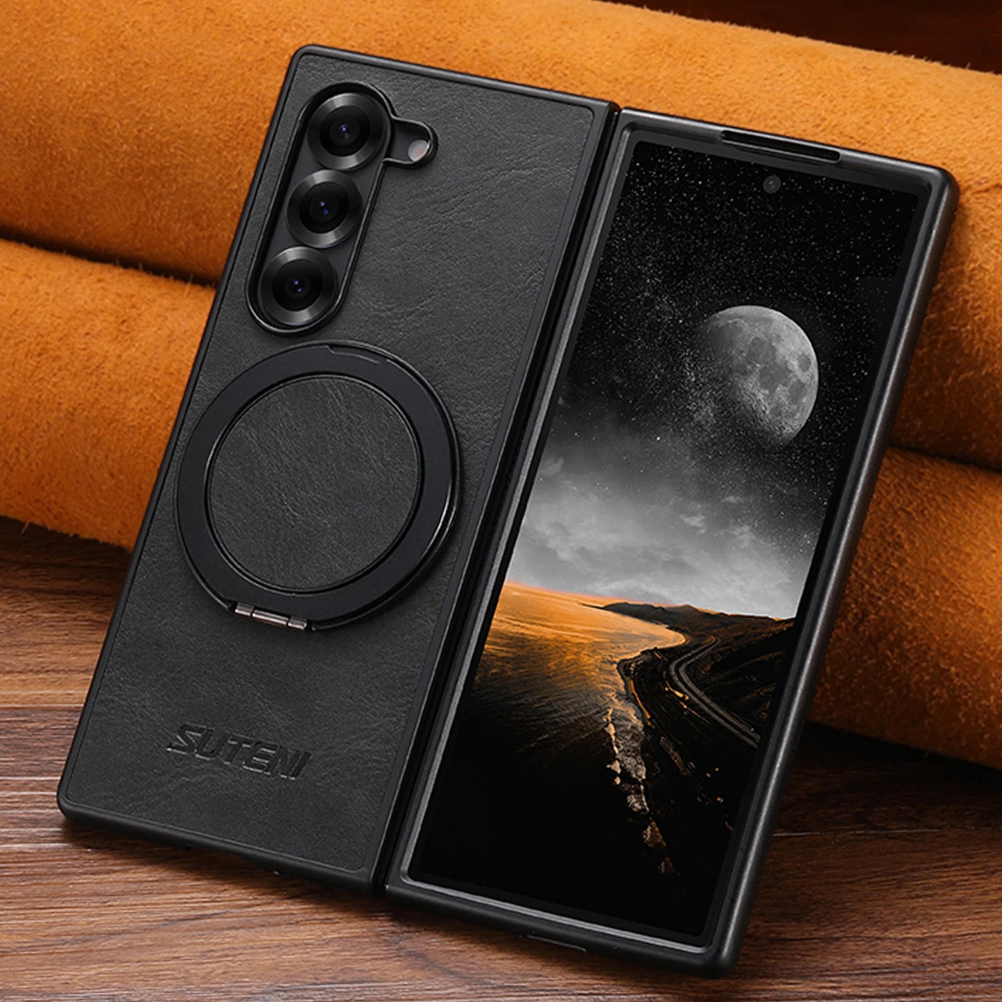 Oil Wax Faux Leather 360° Rotating Stand Buckle For Samsung Galaxy Z Fold