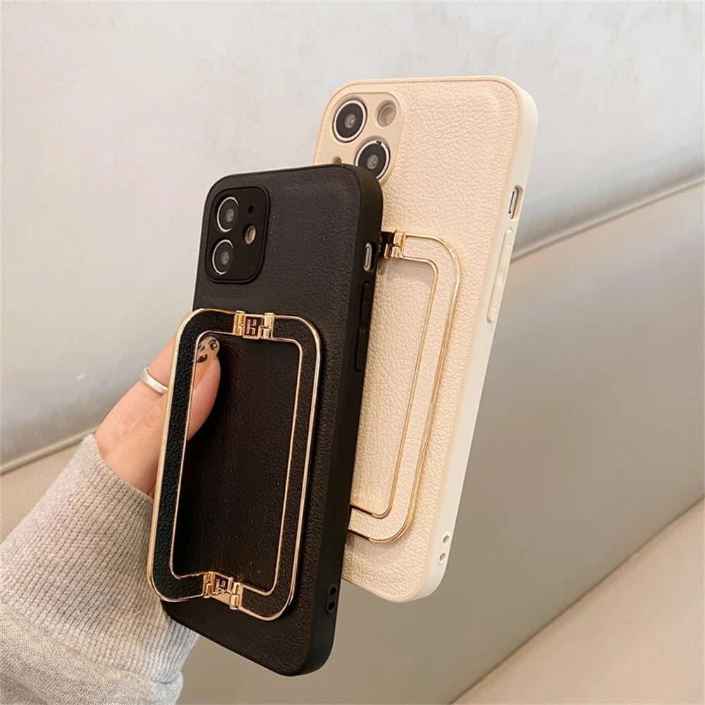Luxury Leather Metal Fold Stand Bracket Holder Case For iPhone