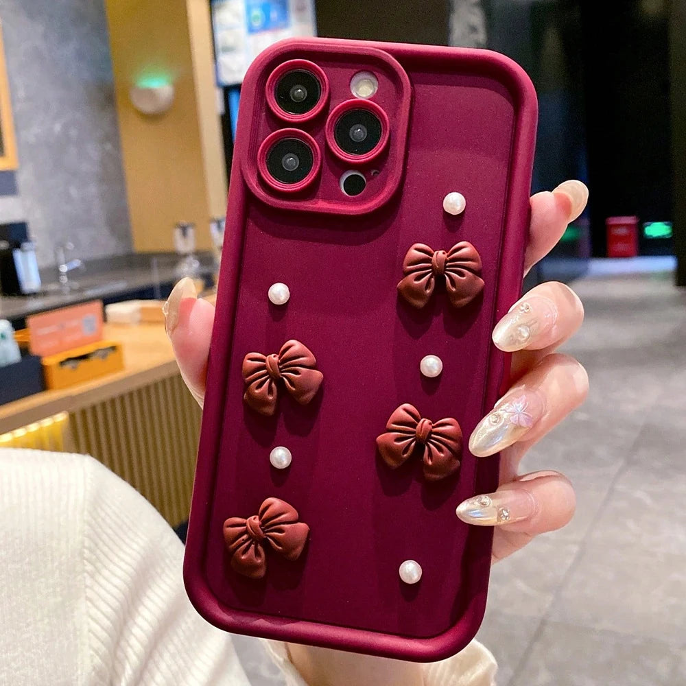 3D Bowknot Pearl Silicone Phone Case For iPhone