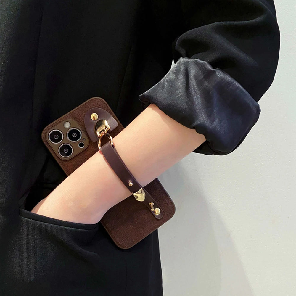 Vintage leather wrist strap phone case for iphone