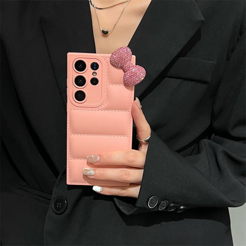 Diamond Kitty Bowknot Soft Down Jacket Phone Case For Samsung
