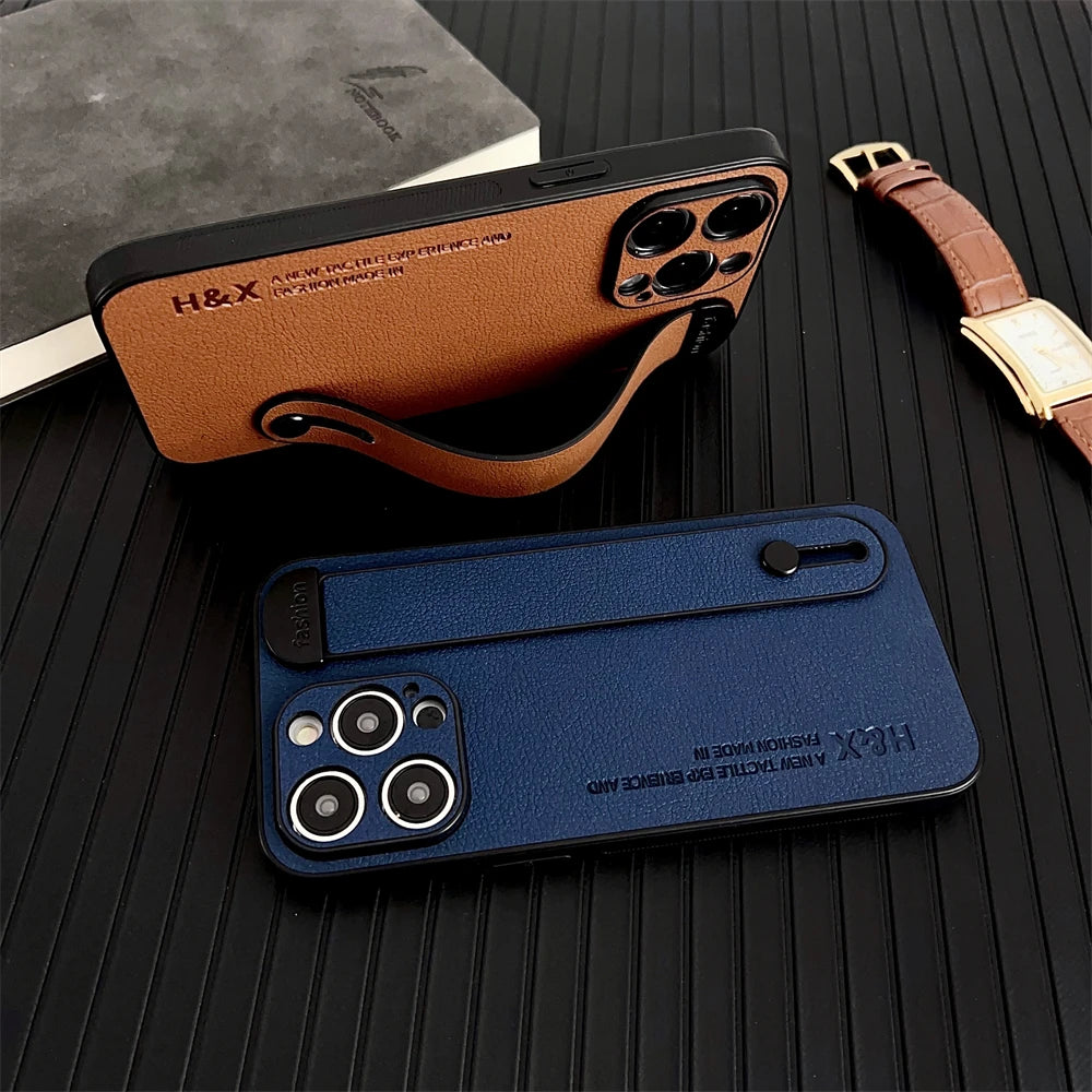 Luxury Sheepskin Leather Texture Wrist Strap Holder Case For iPhone